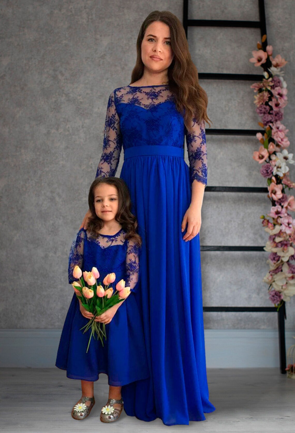 Mother Daughter Royal Blue Chiffon Dresses / Floor Length Blue - Etsy