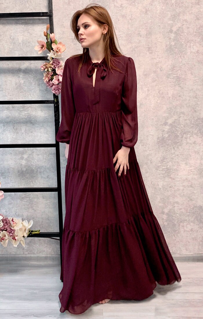 Red Chiffon Maxi Dress: Flowy Long Sleeve Evening Gown
