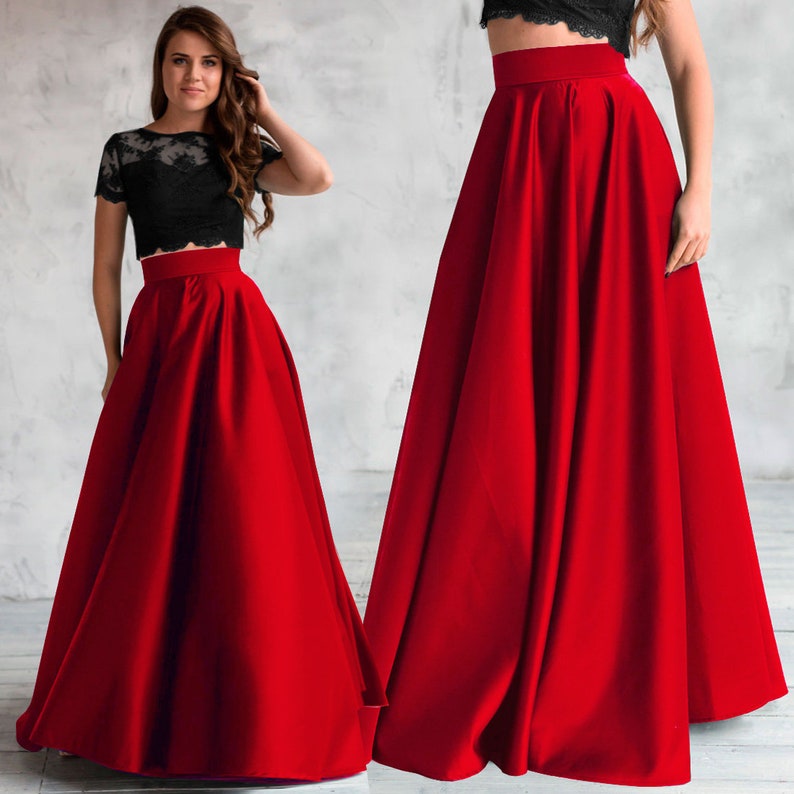 Elegant red satin skirt, maxi high waist satin skirt, red skirt with pockets, long satin skirt