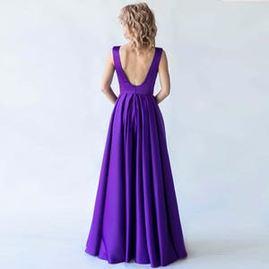 Satin Backless Dress with Built-in Bra and Deep V-neck / Purple formal long prom dress / Open back wedding party dress / A-line evening gown