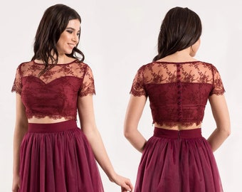 Evening crop top / Lace top with buttons / Burgundy crop top / Floral lace top with short sleeves / Evening gown