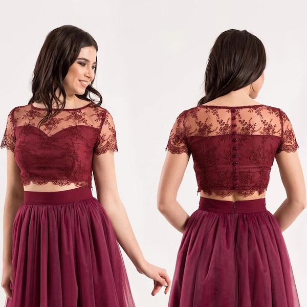 Evening crop top / Lace top with buttons / Burgundy crop top / Floral lace top with short sleeves / Evening gown