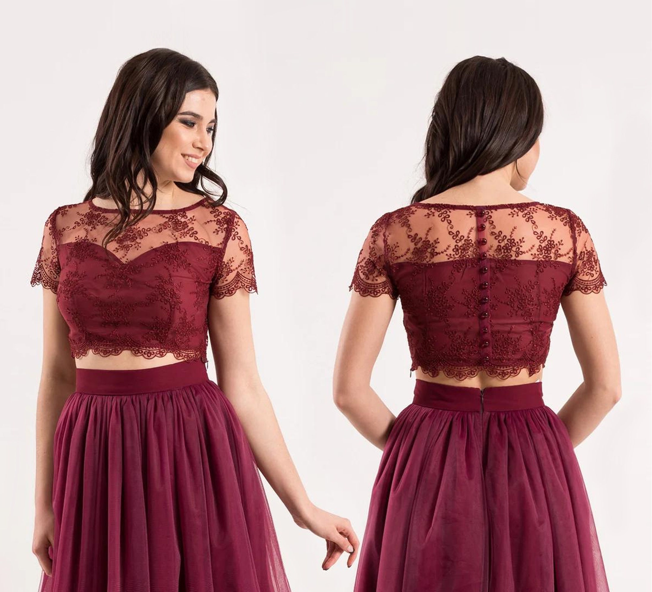 Evening Crop Top / Lace Top With Buttons / Burgundy Crop Top Evening Crop Top / Lace Top With Buttons / Burgundy Crop Top