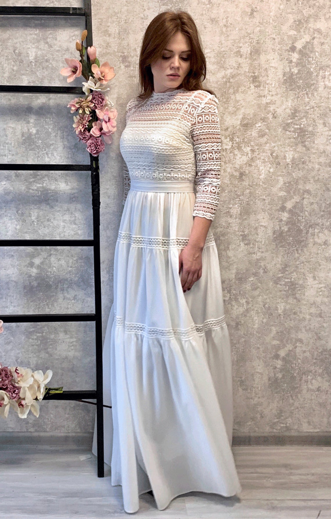 Long sleeve wedding dress lace wedding dress with 3/4 | Etsy