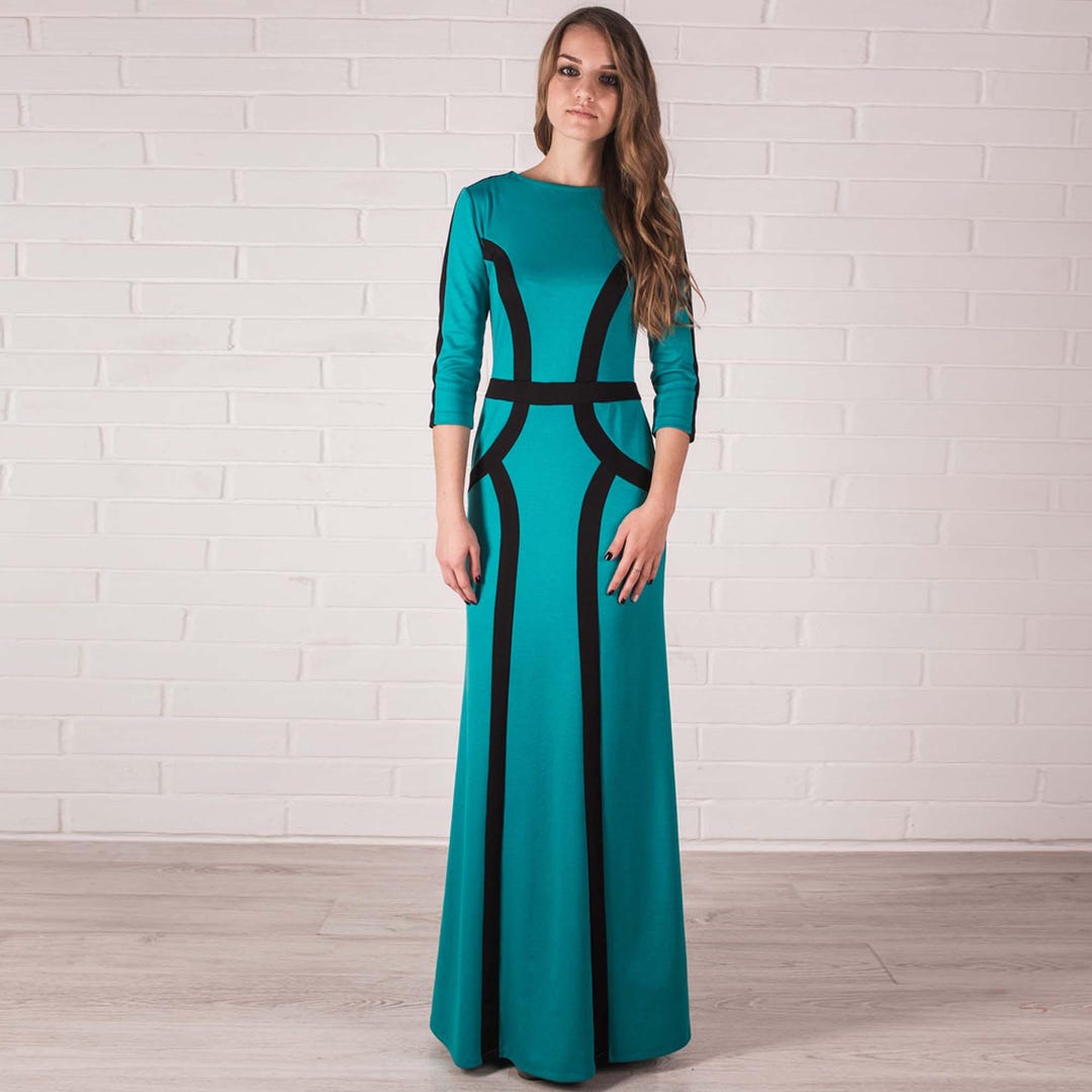 Vestido ajustado de jersey verde azulado: vestido otoñal de manga