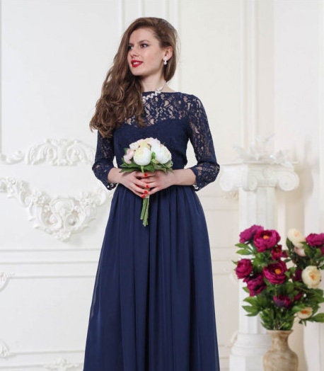 Navy Blue Chiffon Formal Gown: Lace Sleeve Flowy Maxi Evening Dress - Etsy Navy Blue Chiffon Formal Gown: Lace Sleeve Flowy Maxi Evening Dress - Etsy