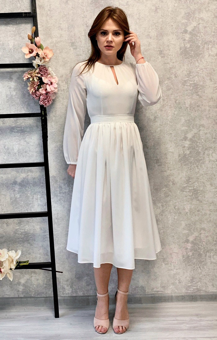 white chiffon dress midi Modest White Chiffon Plus Size Midi Dress With Elastic Waist and Belt. Elegant and Simple Wedding Outfit