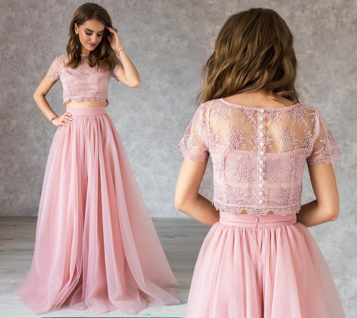 Lace Crop Top and Tulle Skirt Evening Dress: Blush Two Piece Outfit Lace Crop Top and Tulle Skirt Evening Dress: Blush Two Piece Outfit