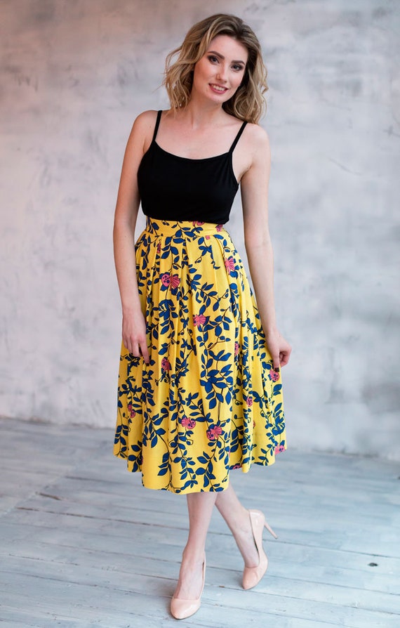 Floral Linen Midi Skirt: High Waist Yellow A-Line