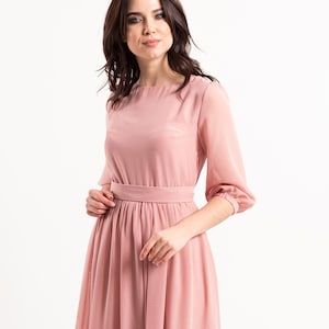 Women pink long sleeves a-line gowns, blush maxi dress with pearl buttons and sleeves, women formal chiffon closed dress, light pink dress image 3