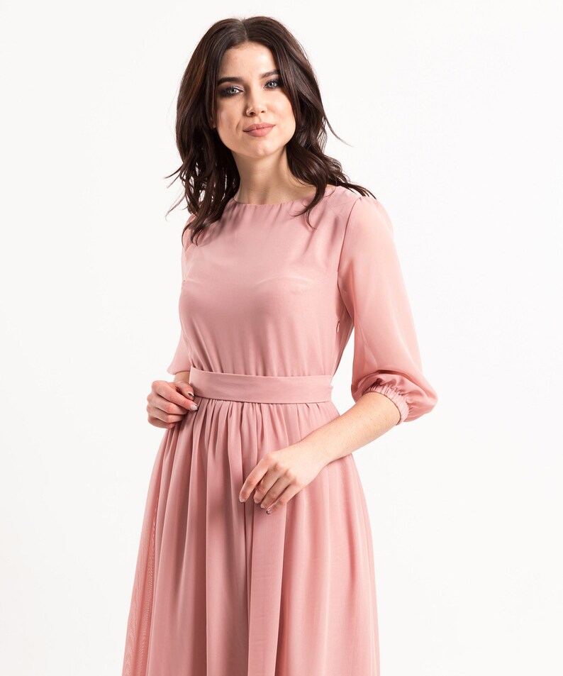 Women pink long sleeves a-line gowns, blush maxi dress with pearl buttons and sleeves, women formal chiffon closed dress, light pink dress image 3