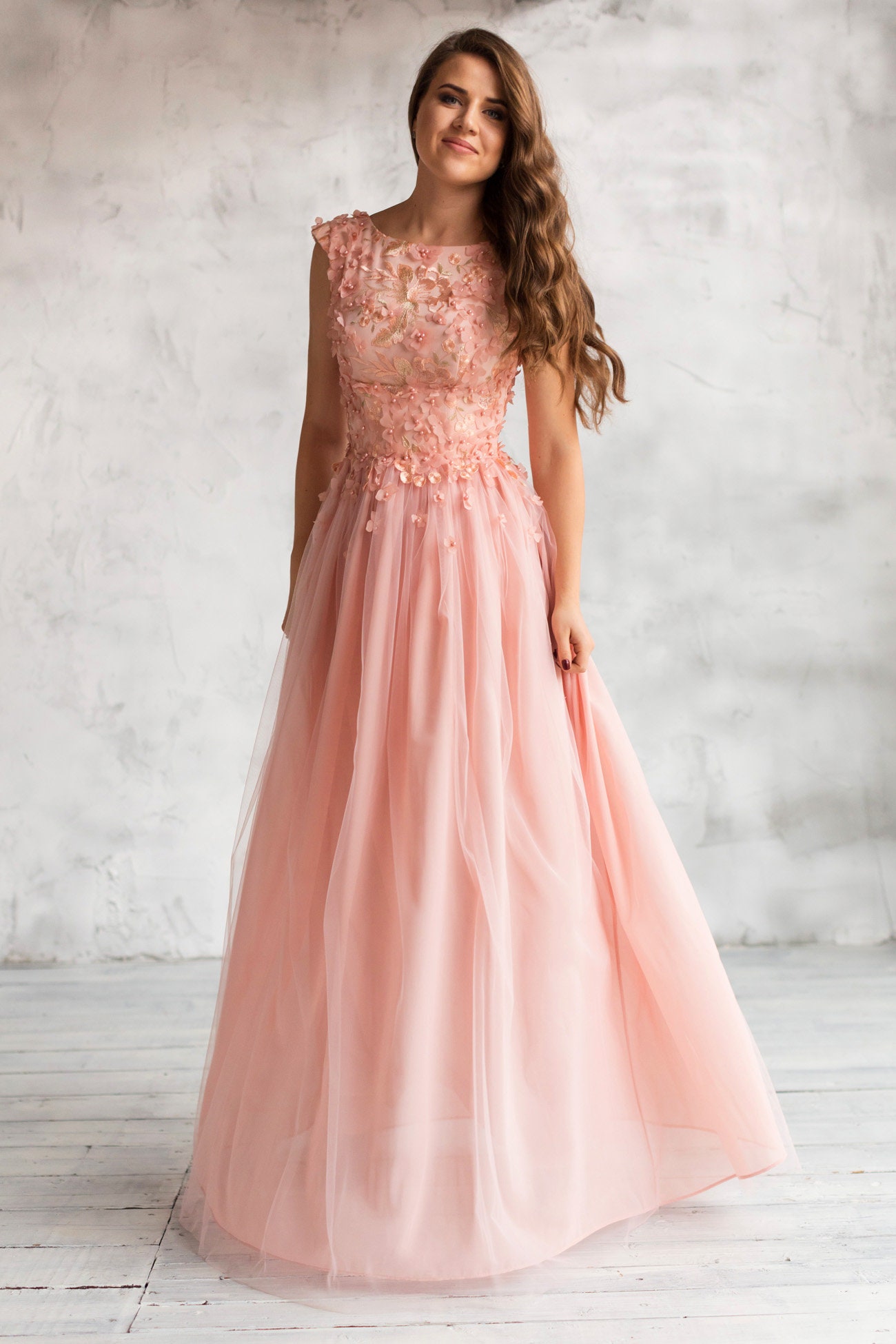 Lace Formal Dress: Peach Flower Embroidery, Open Back Evening Gown