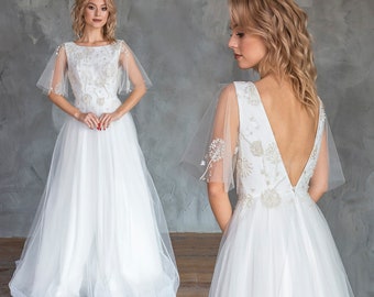 Whimsical Wedding Dress with Dandelion Embroidery / Boho ivory bridal dress / Formal chiffon floral lace bride gown with sleeves and train