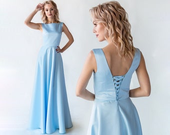 Long satin dress, maxi bridesmaid dress, sleeveless dress, blue open back satin dress, a-line dress, satin prom dress, simple formal dress