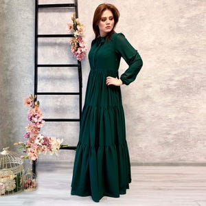 Emerald Floor Length Chiffon Dress, Green Flowy Dress with Long Sleeves, Emerald Green Party Dress, Summer Dress, Lightweight Dress