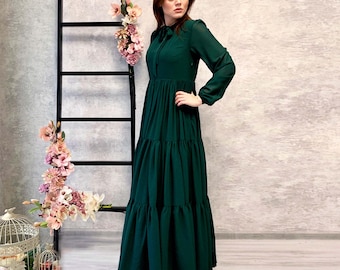 Dark Green Chiffon Bridesmaid Dress, Wedding Guest Dress, Bridesmaids Dress,  Chiffon Mid-calf Dress, Evening Dress, Formal Dress - Etsy