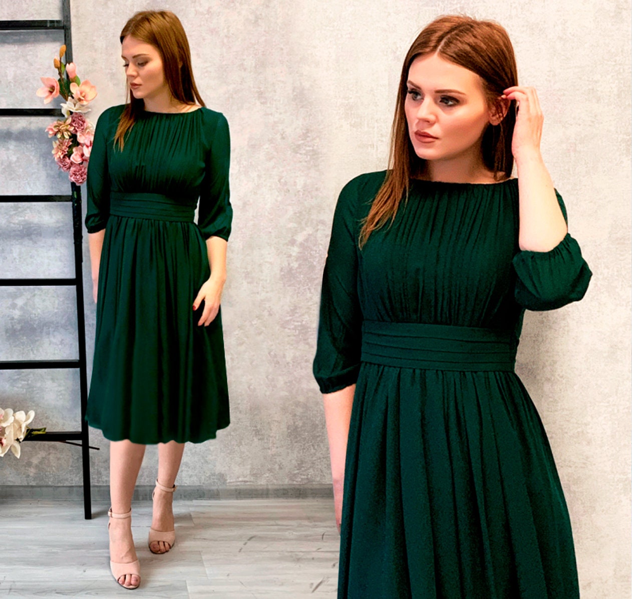 emerald green chiffon asymmetric strap draped midi dress TESSA Formal Couture Dress main image 1