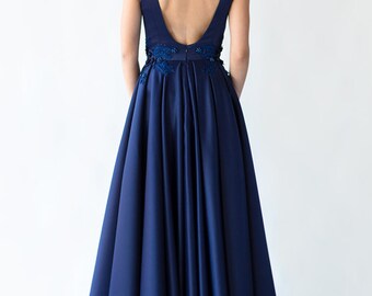 Navy Blue Satin Evening Dress: Open Back, Deep V-neck Formal Gown - Etsy