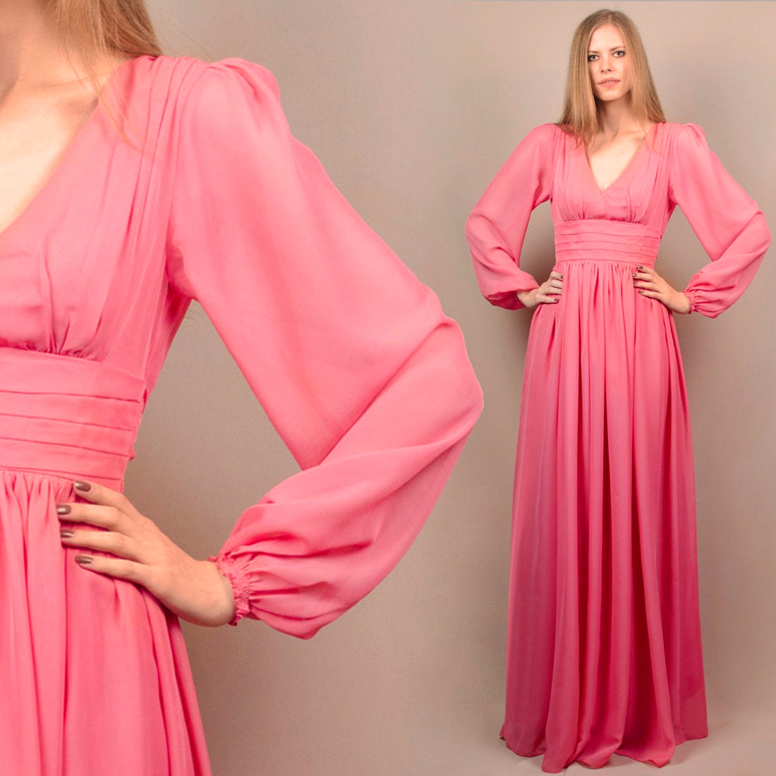Chiffon V-Neck Blush Formal Dress with Long Sleeves