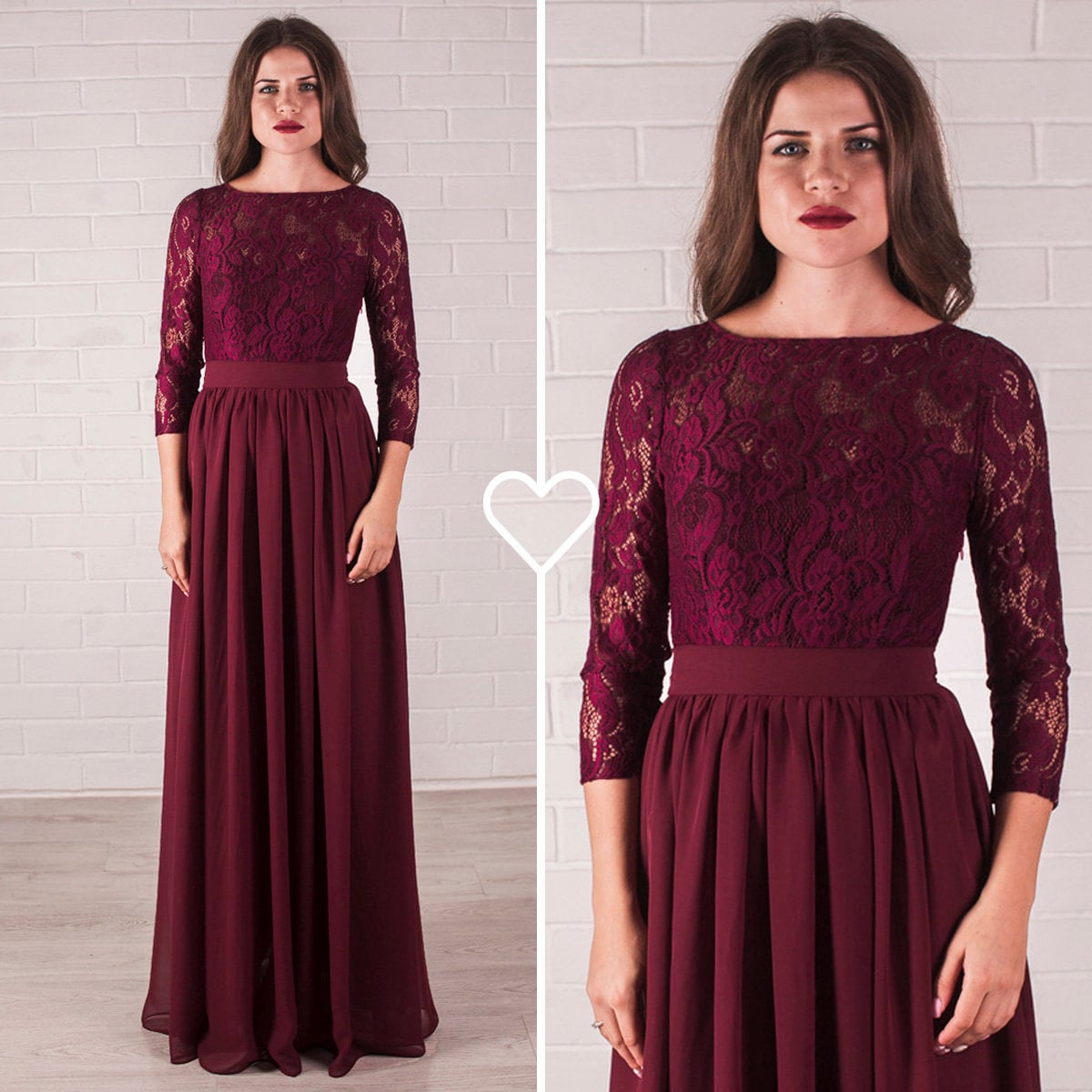 Maroon lace dress long best sale sleeve