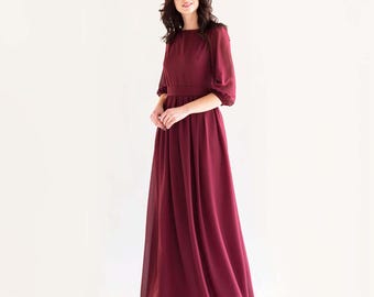Burgundy Chiffon Maxi Dress: Pearl Buttons, Formal Cottagecore Gown