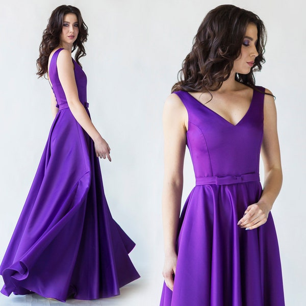 Blue, Violet Satin Evening Dress With Corset Lace-up and Full Skirt / Satin prom dress / Long women formal dress, Classic satin evening gown