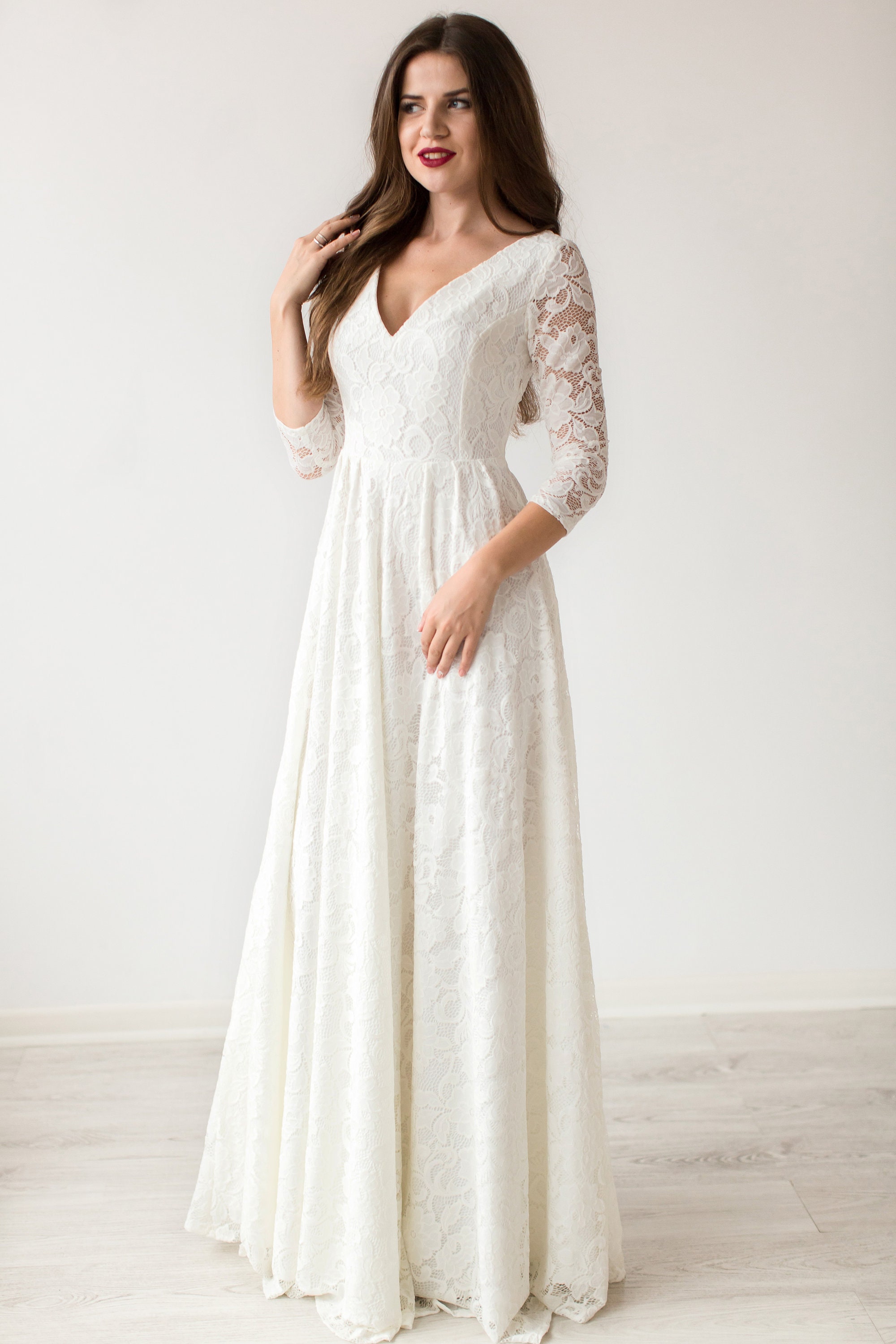 Elegant A Line Lace Wedding Dress With Sleeves / Ivory Bridal - Etsy