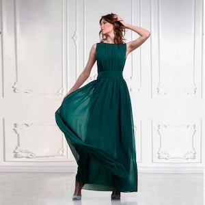 Total sale! Elegance long chiffon flowy dress, emerald evening gown, woman formal sleeveless dress, Greek chiffon dress, Grecian style dress