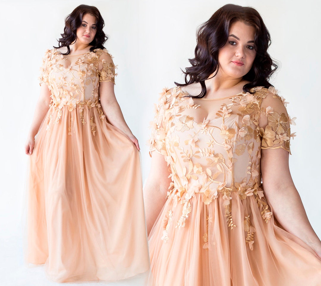Plus Size Wedding Dress, Evening Ball Gown, Gold Formal Dress, Corset