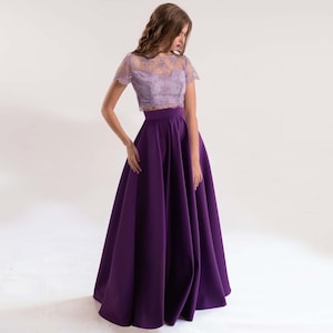 Long Violet Satin Formal Skirt with Pockets