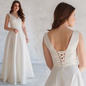 A-line satin wedding dress / Elegant simple wedding dress / Minimalist open back wedding dress / Civil V-neck wedding dress