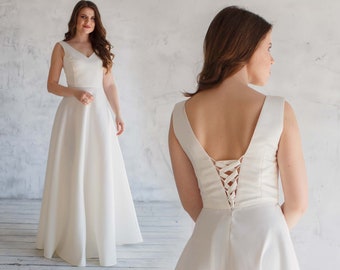 A-line satin wedding dress / Elegant simple wedding dress / Minimalist open back wedding dress / Civil V-neck wedding dress
