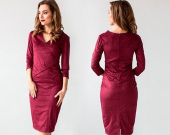 Casual dress in S size, midi faux suede dress, knee length marsala dress, office dress, long sleeve dress, autumn dress