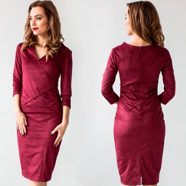 Casual dress in S size, midi faux suede dress, knee length marsala dress, office dress, long sleeve dress, autumn dress