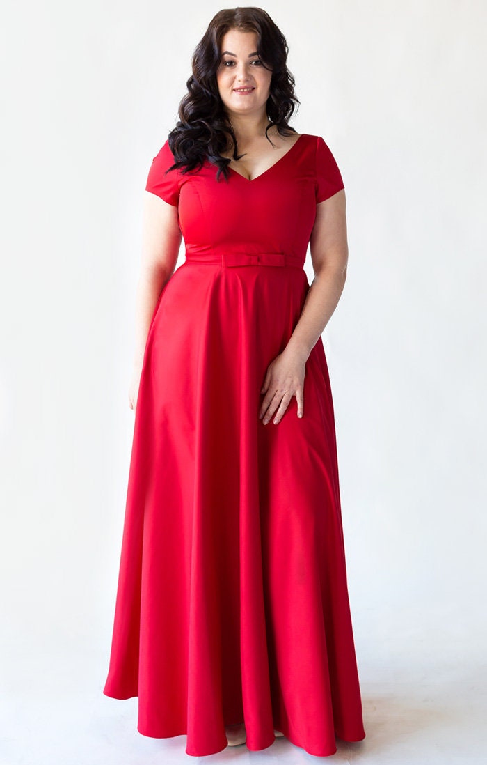 Plus Size Red Evening Dress: Corset Back, Maxi A-Line