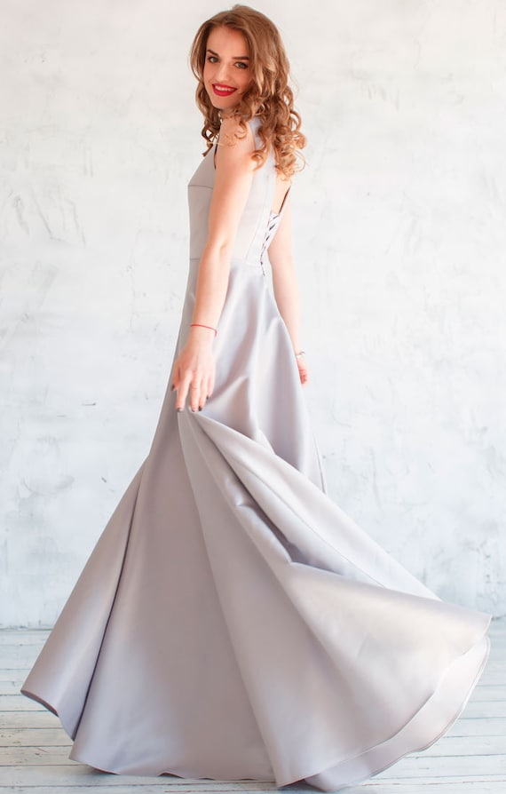 Silver Grey Satin Evening Dress: A-line Formal Gown With Corset Back - Etsy Silver Grey Satin Evening Dress: A-line Formal Gown With Corset Back - Etsy