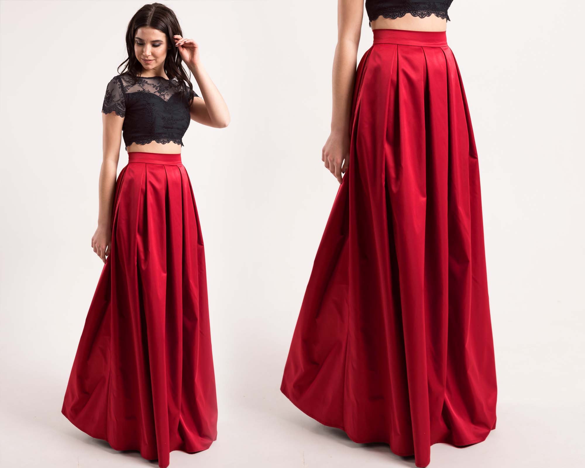 Elegant A Line Red Skirt / High Waist Maxi Skirt With Pleats Elegant A Line Red Skirt / High Waist Maxi Skirt With Pleats