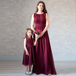 Burgundy Mom and Daughter Matching Dresses, Greek Style Family Look Chiffon Gowns