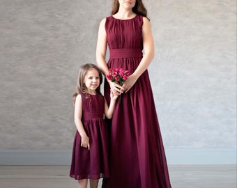 Mother and Daughter Matching Dresses, Mommy and Me Dress, Burgundy Chiffon Floor Length Family Matching Dress, Matching Outfit