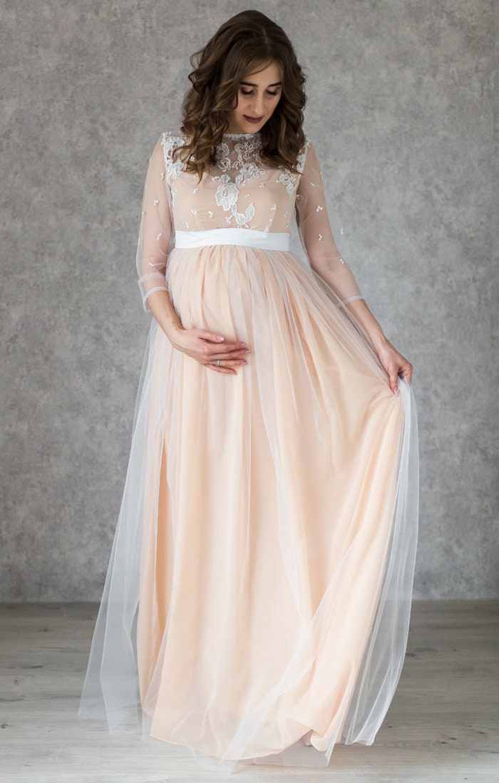 Baylin | Nude Square-Neck Maternity Maxi Dress With Ruched Detailing And Sash