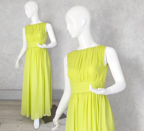Lime Green Chiffon Maxi Dress: Flowy Greek Style Gown, Xs Size