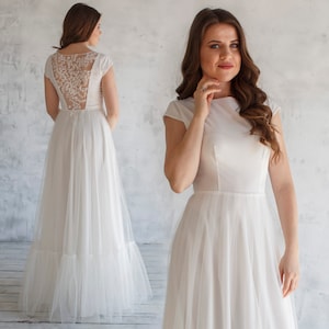 Airy Boho Wedding Dress: Embroidered Back, Minimalist Bridal Gown