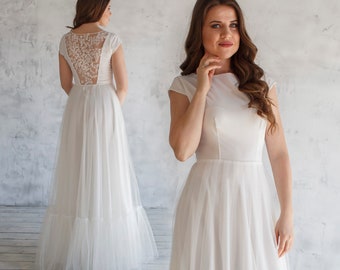 Magic Airy Wedding Dress with Embroidery on the Back / Romantic wedding party gown / Long Minimalist Wedding Dress /  Ivory formal dress