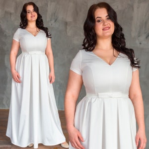 Minimalist deep v wedding dress, boho wedding dress, white cotton dress, maxi plus size dress, plus size women dress, plus size clothing