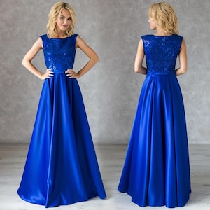 Royal Blue Satin Evening Dress / Bohemian Floor Length Prom Dress / Blue Sleeveless Long Dress / Maxi Satin Flared Dress / Cobalt Blue Dress