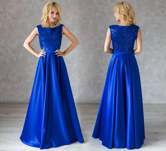 A Star Is Born V Neck Embellished Maxi Prom Dress In Cobalt-Blue for Women