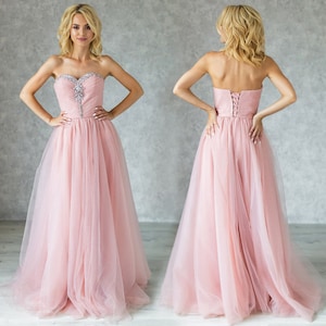 Blush Long Evening Dress with Corset / Tulle A-line Formal Gown / Blush Elegant Dress / Sleeveless Prom Dress / Blush Pink Dress