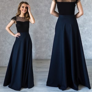 High Waist A Line Skirt, Elegant Dark Blue Long Skirt, Evening Skirt, Women Maxi Skirt, Full Skirt, Prom Skirt