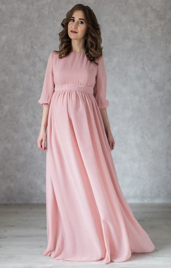 Blush Chiffon Maternity Dress: Elegant Formal Pregnancy Gown Blush Chiffon Maternity Dress: Elegant Formal Pregnancy Gown