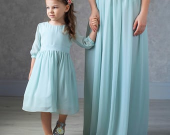 Mint Blue Chiffon Flower Girl Dress: Vintage Cottagecore Style Toddler Gown